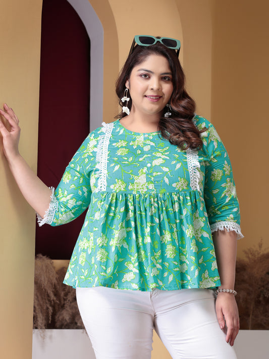 Plus Size Women's Floral Printed Cotton Peplum Top (TOPTIPTOPPLUS)