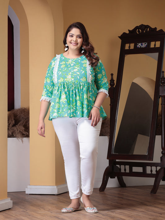Plus Size Women's Floral Printed Cotton Peplum Top (TOPTIPTOPPLUS)