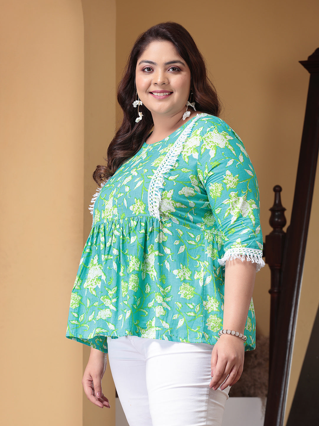 Plus Size Women's Floral Printed Cotton Peplum Top (TOPTIPTOPPLUS)