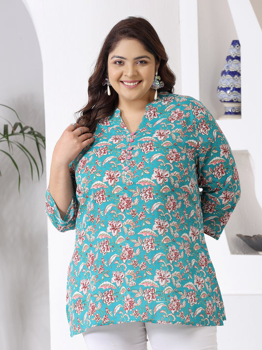 Plus Size Women Floral Printed Cotton Empire Top (TOPTURQDENPLUS)
