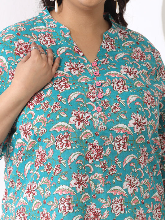 Plus Size Women Floral Printed Cotton Empire Top (TOPTURQDENPLUS)