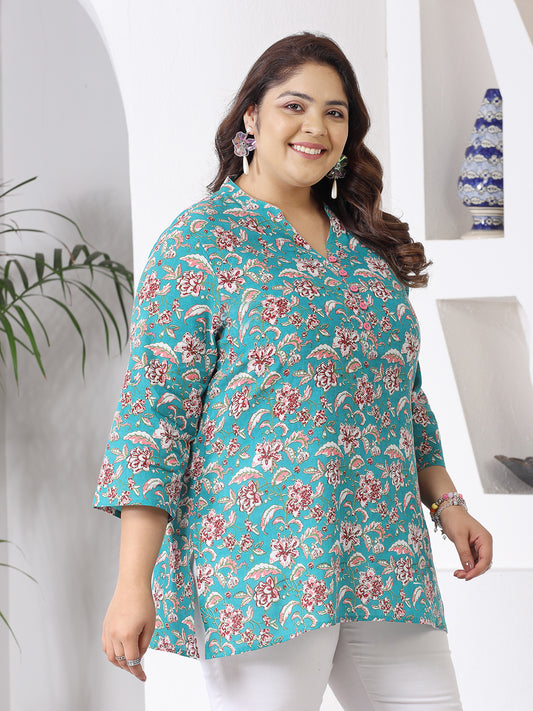 Plus Size Women Floral Printed Cotton Empire Top (TOPTURQDENPLUS)