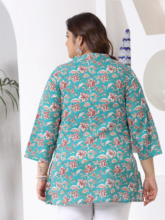 Plus Size Women Floral Printed Cotton Empire Top (TOPTURQDENPLUS)