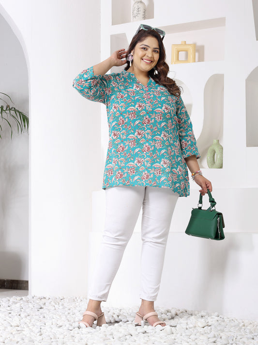 Plus Size Women Floral Printed Cotton Empire Top (TOPTURQDENPLUS)