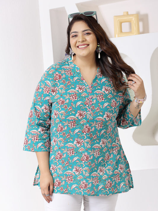 Plus Size Women Floral Printed Cotton Empire Top (TOPTURQDENPLUS)