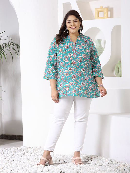 Plus Size Women Floral Printed Cotton Empire Top (TOPTURQDENPLUS)