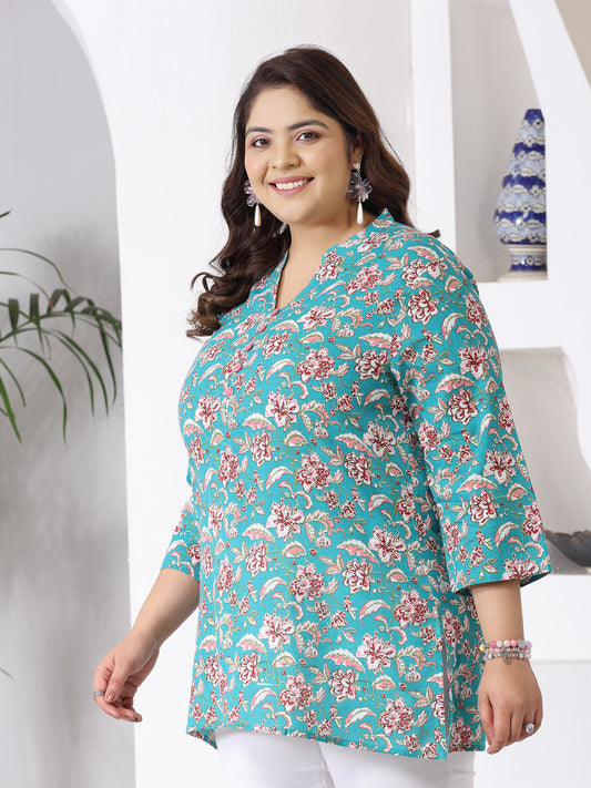 Plus Size Women Floral Printed Cotton Empire Top (TOPTURQDENPLUS)