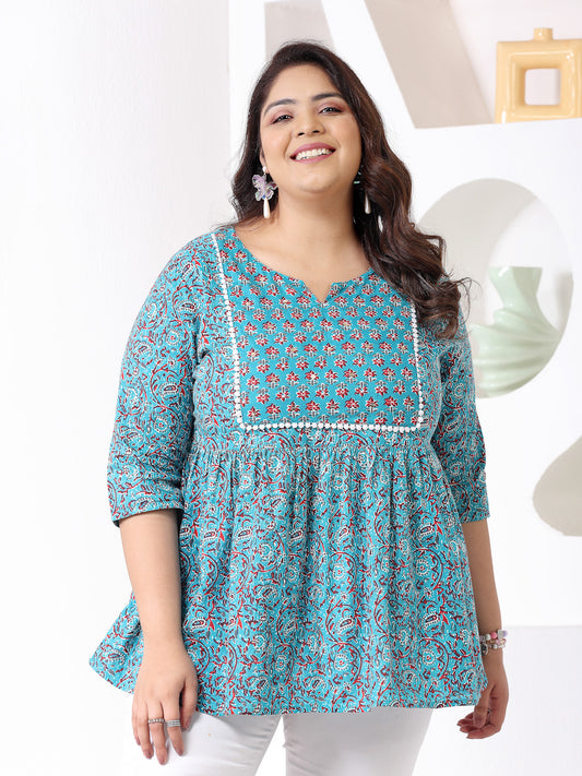 Plus Size Women's Floral Printed Cotton Peplum Top (TOPTURQMIRAPLUS)