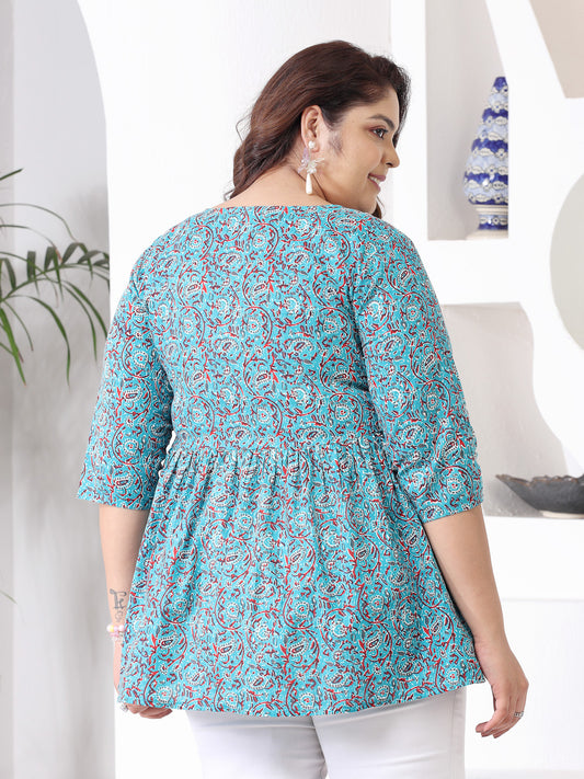 Plus Size Women's Floral Printed Cotton Peplum Top (TOPTURQMIRAPLUS)