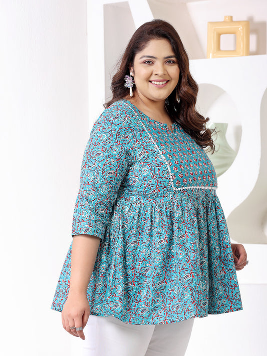 Plus Size Women's Floral Printed Cotton Peplum Top (TOPTURQMIRAPLUS)