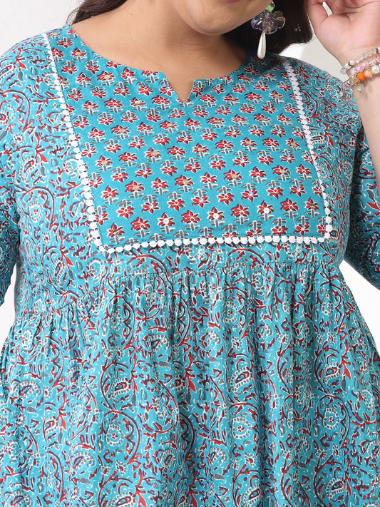 Plus Size Women's Floral Printed Cotton Peplum Top (TOPTURQMIRAPLUS)