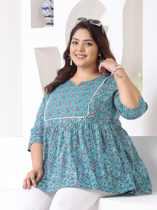 Plus Size Women's Floral Printed Cotton Peplum Top (TOPTURQMIRAPLUS)