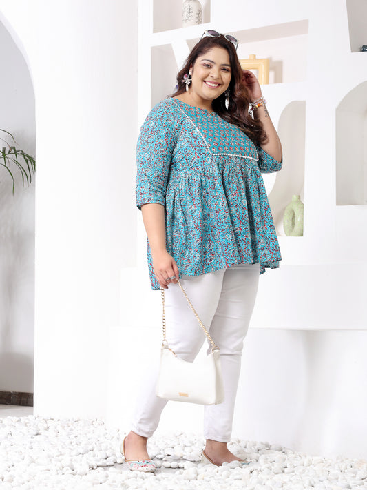 Plus Size Women's Floral Printed Cotton Peplum Top (TOPTURQMIRAPLUS)
