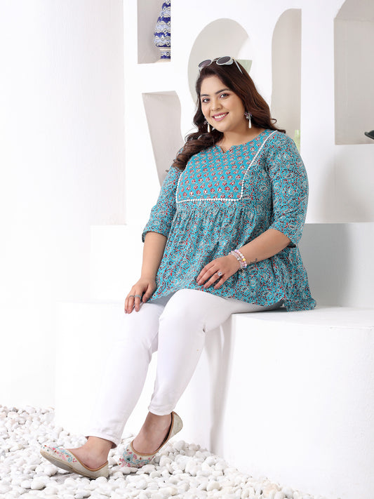 Plus Size Women's Floral Printed Cotton Peplum Top (TOPTURQMIRAPLUS)
