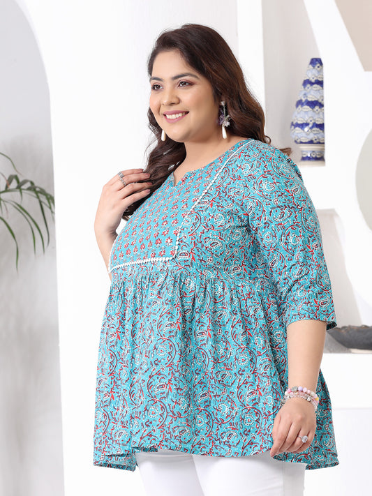 Plus Size Women's Floral Printed Cotton Peplum Top (TOPTURQMIRAPLUS)