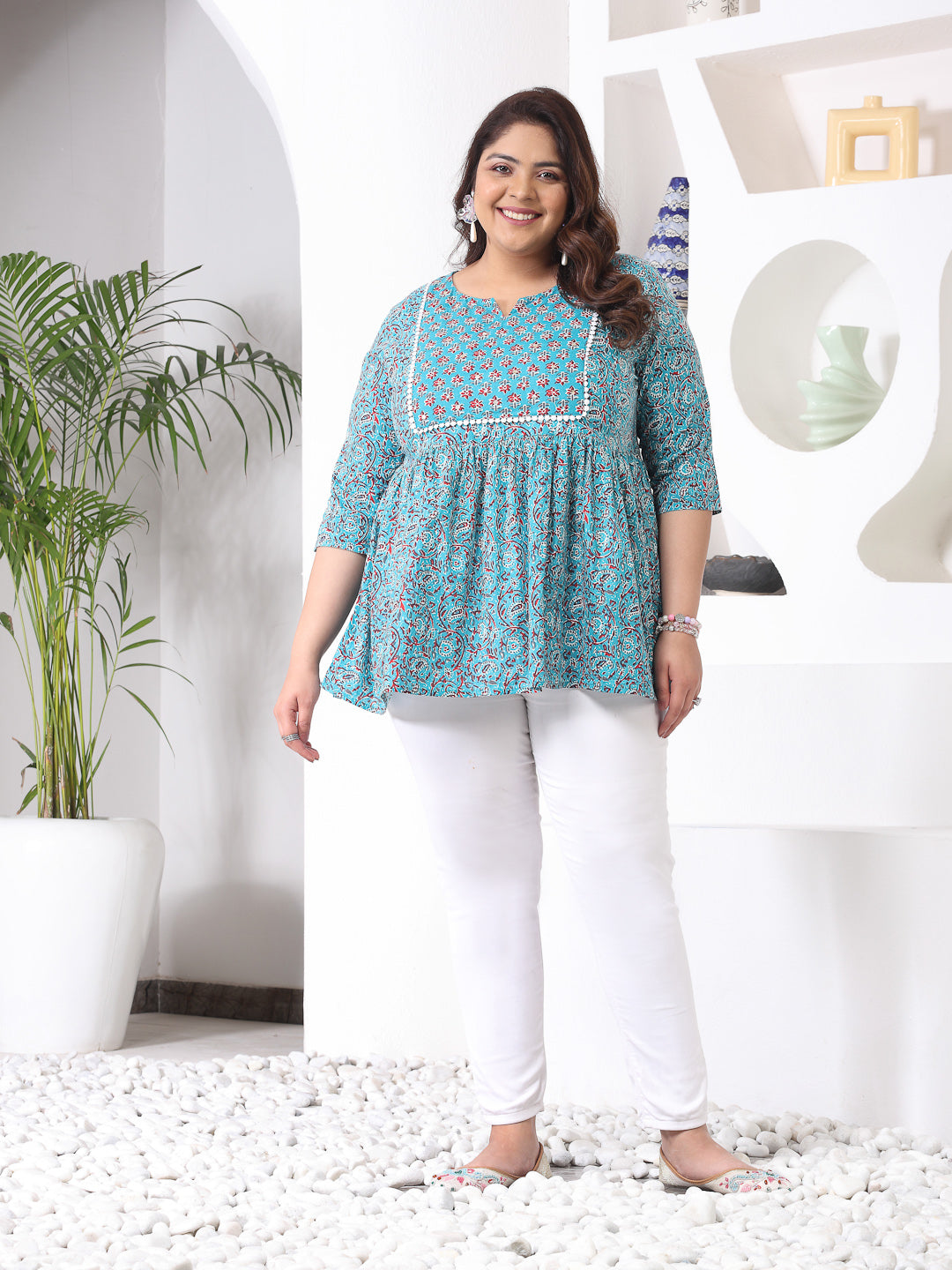 Plus Size Women's Floral Printed Cotton Peplum Top (TOPTURQMIRAPLUS)