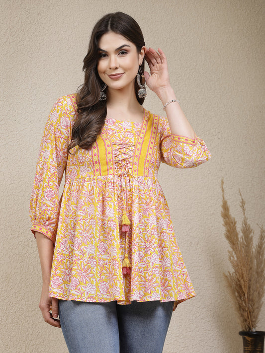 Stylum Women's Floral Printed Cotton Peplum Top (TOPYELLOWADITI)