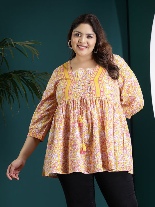 Plus Size Women's Floral Printed Cotton Peplum Top (TOPYELLOWADITIPLUS)