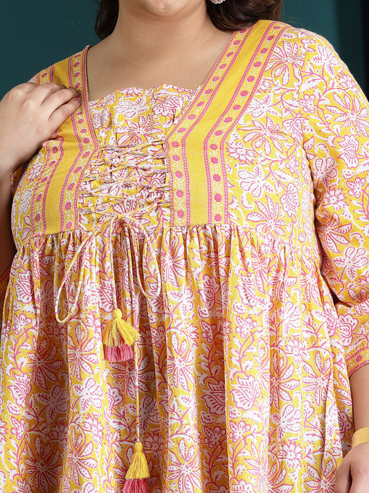 Plus Size Women's Floral Printed Cotton Peplum Top (TOPYELLOWADITIPLUS)