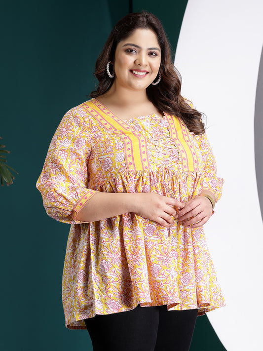 Plus Size Women's Floral Printed Cotton Peplum Top (TOPYELLOWADITIPLUS)