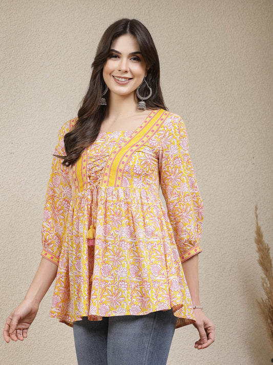 Stylum Women's Floral Printed Cotton Peplum Top (TOPYELLOWADITI)