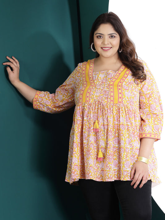 Plus Size Women's Floral Printed Cotton Peplum Top (TOPYELLOWADITIPLUS)