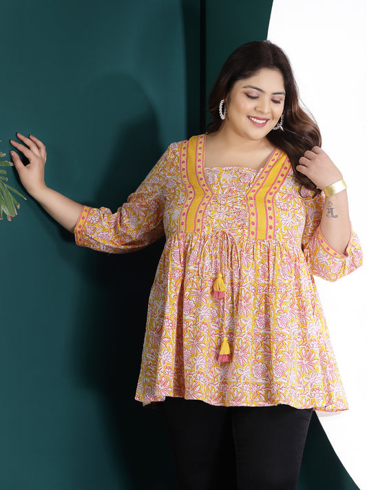Plus Size Women's Floral Printed Cotton Peplum Top (TOPYELLOWADITIPLUS)