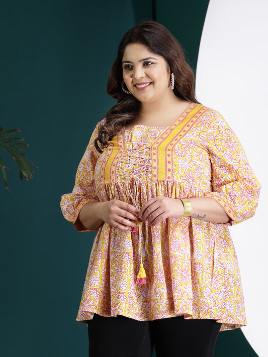 Plus Size Women's Floral Printed Cotton Peplum Top (TOPYELLOWADITIPLUS)