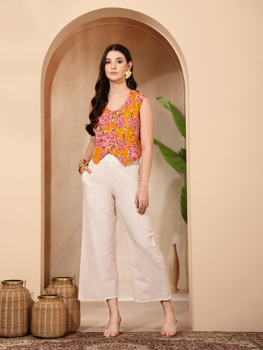 Stylum Women's Yellow Floral Printed Cotton Vest Top (TOPYELLOWGOLD)