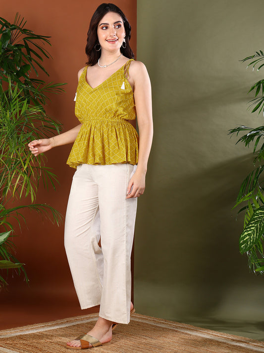 Stylum Women's Mustard Geometric Printed Rayon Short Peplum Top (TOPYELLOWRAFTA)