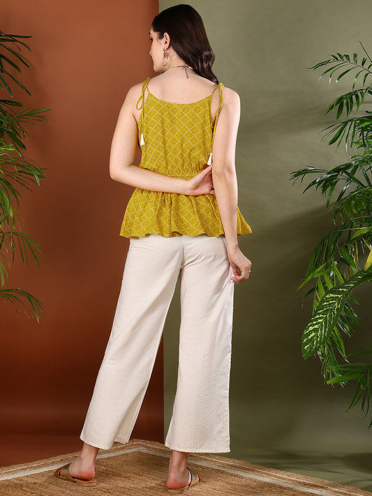 Stylum Women's Mustard Geometric Printed Rayon Short Peplum Top (TOPYELLOWRAFTA)