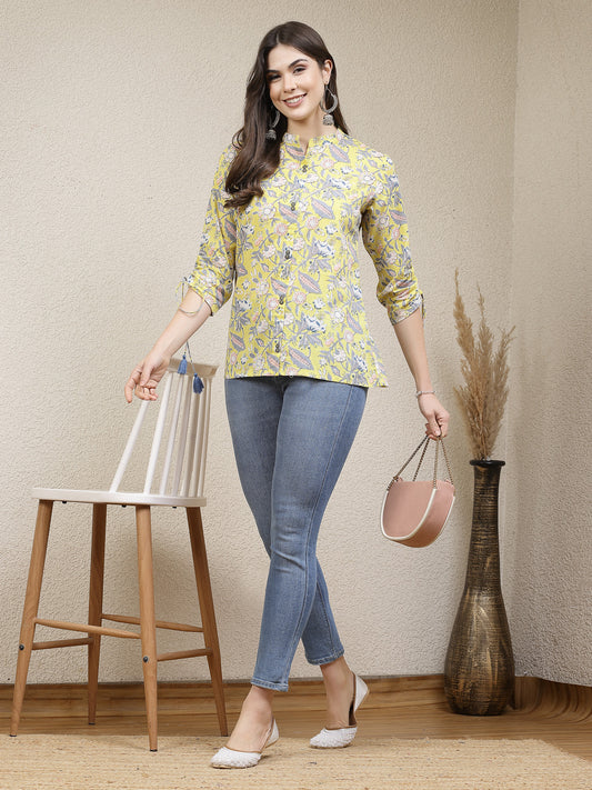 Stylum Women's Floral Printed Cotton Shirt Style Top (TOPYELLOWTANVI)
