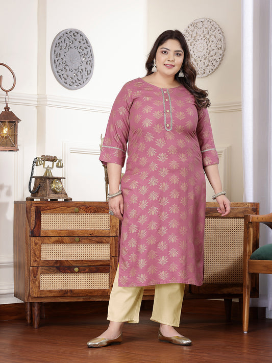 Plus Size Women's Gold Printed Rayon Straight Kurta (TORUWINEPLUS)