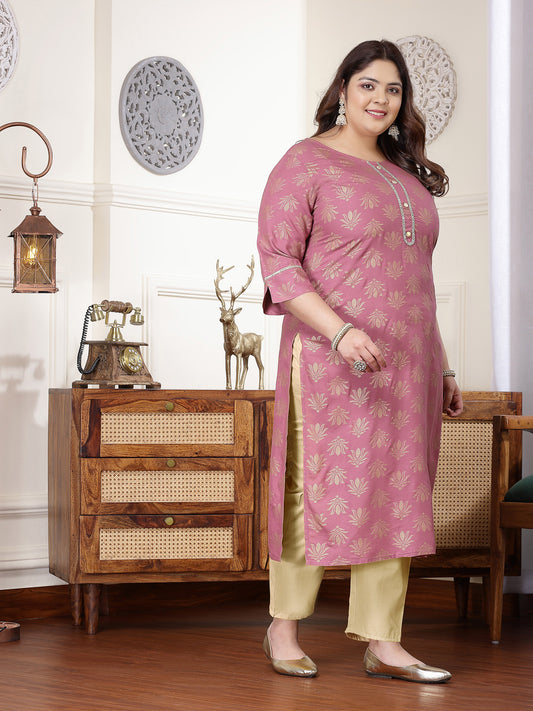 Plus Size Women's Gold Printed Rayon Straight Kurta (TORUWINEPLUS)