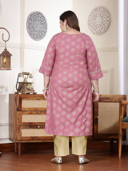 Plus Size Women's Gold Printed Rayon Straight Kurta (TORUWINEPLUS)