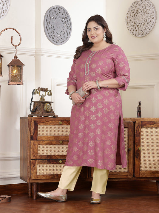 Plus Size Women's Gold Printed Rayon Straight Kurta (TORUWINEPLUS)