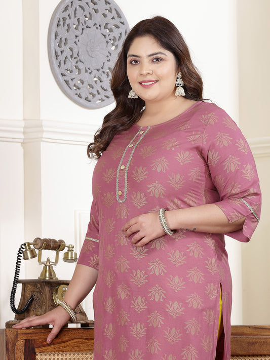 Plus Size Women's Gold Printed Rayon Straight Kurta (TORUWINEPLUS)