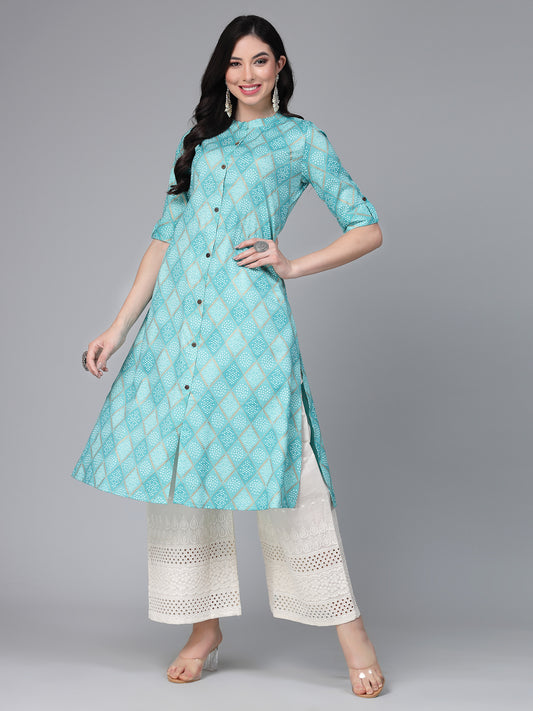 Stylum Women's Bandhani Printed Cotton Blend Straight Kurta (TURQKESAR)