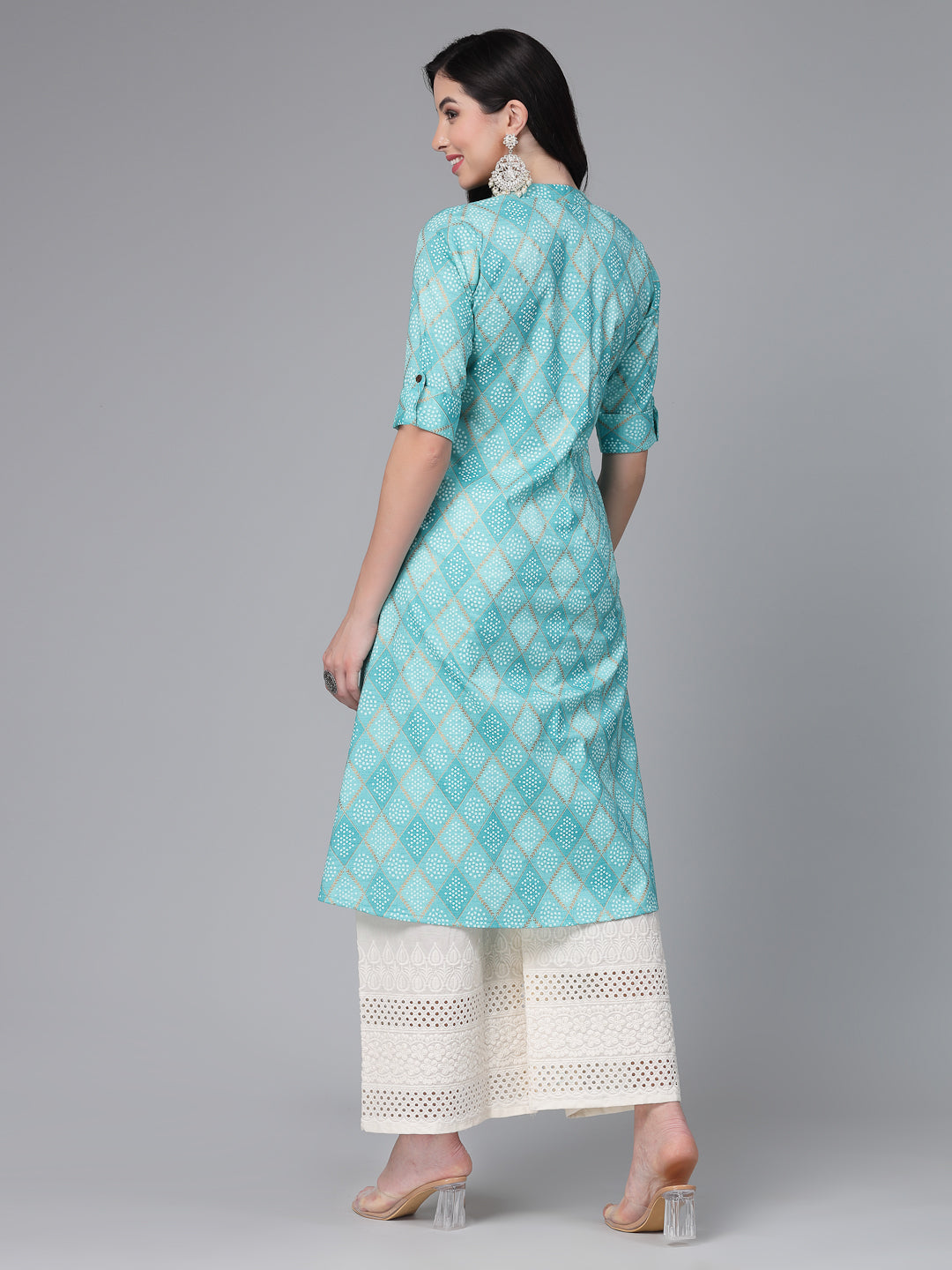 Stylum Women's Bandhani Printed Cotton Blend Straight Kurta (TURQKESAR)