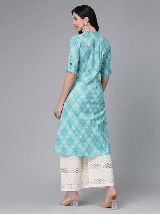 Stylum Women's Bandhani Printed Cotton Blend Straight Kurta (TURQKESAR)