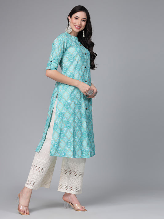 Stylum Women's Bandhani Printed Cotton Blend Straight Kurta (TURQKESAR)