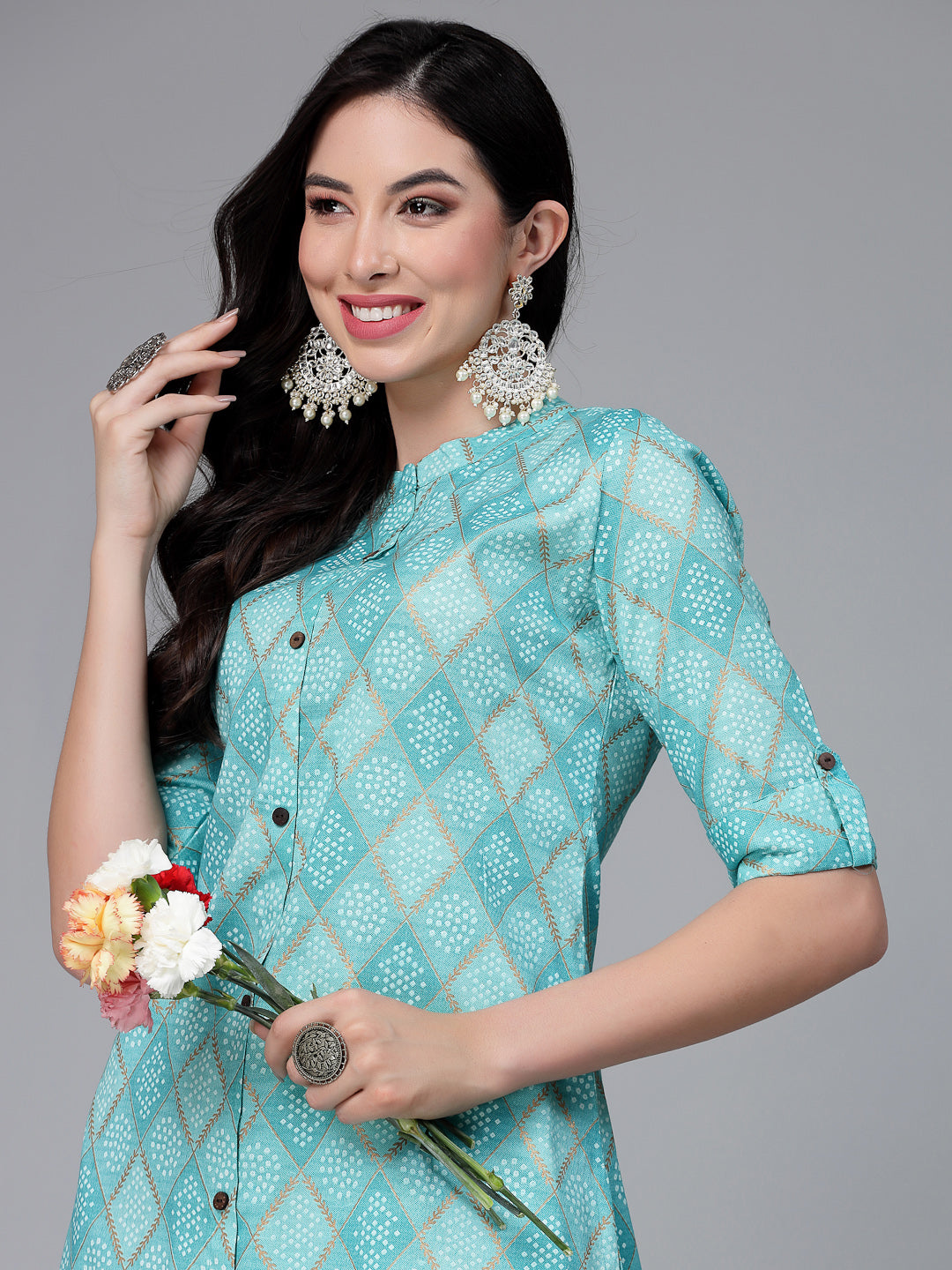 Stylum Women's Bandhani Printed Cotton Blend Straight Kurta (TURQKESAR)