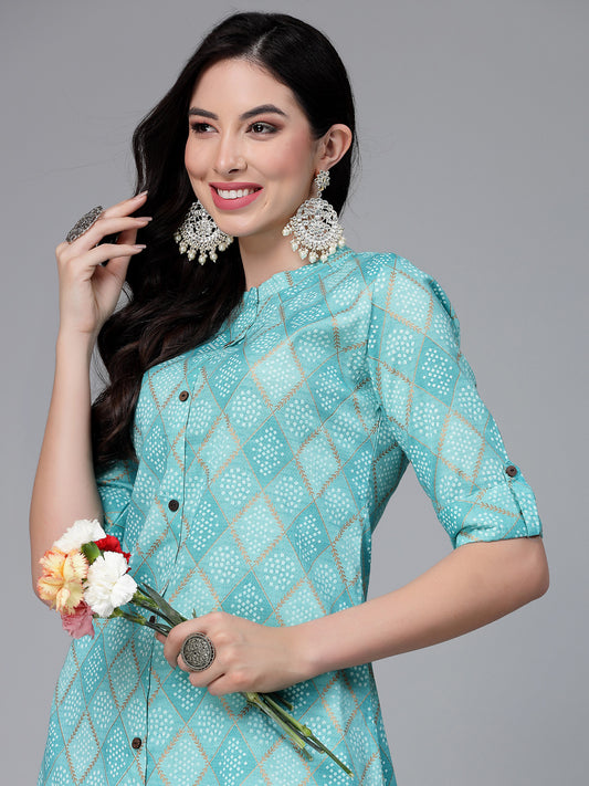 Stylum Women's Bandhani Printed Cotton Blend Straight Kurta (TURQKESAR)