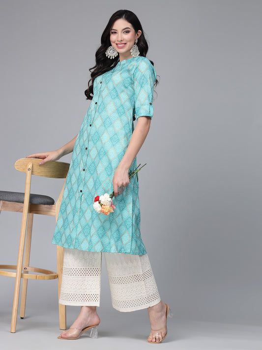 Stylum Women's Bandhani Printed Cotton Blend Straight Kurta (TURQKESAR)