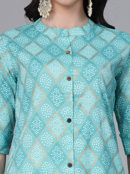 Stylum Women's Bandhani Printed Cotton Blend Straight Kurta (TURQKESAR)
