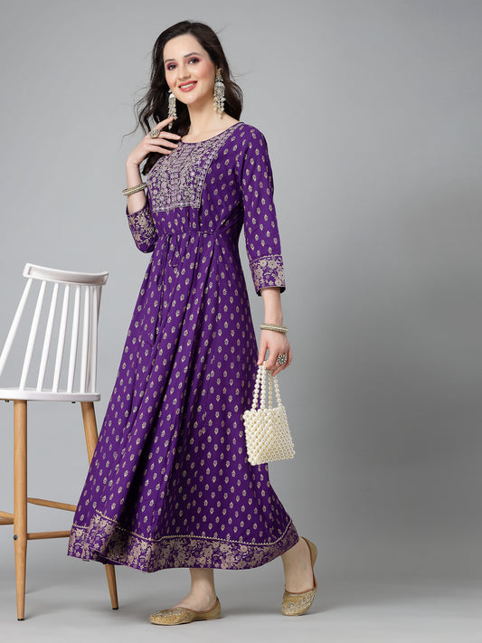 Printed & Embroidered Rayon Anarkali Kurta