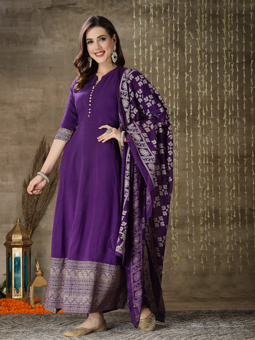 Stylum Women's Printed Rayon Anarkali kurta with Dupatta (VOILMUFTI)