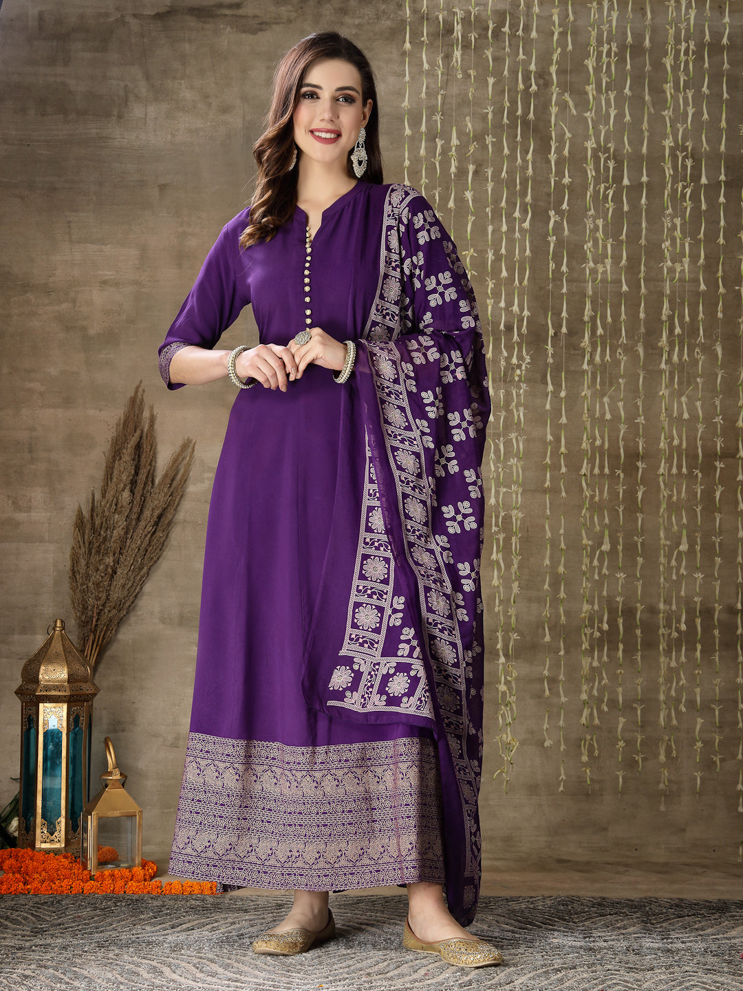 Stylum Women's Printed Rayon Anarkali kurta with Dupatta (VOILMUFTI)
