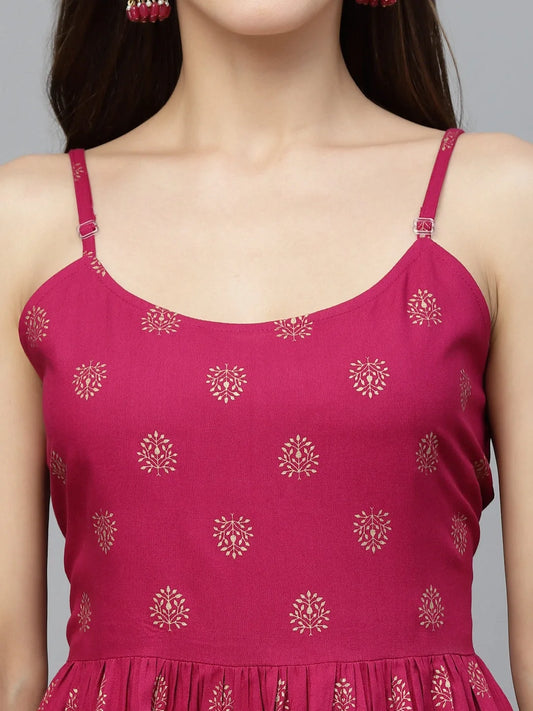 Stylum Women's Gold Printed Rayon Short Kurti and Sharara set (VOUGEGEM)