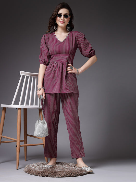 Stylum Women's Self Woven Kantha Cotton Co-Ord Set (WINEKATHACORD)